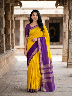Semi Chanderi Yellow Saree with Contrast Purple Checked Pallu and Zari Border