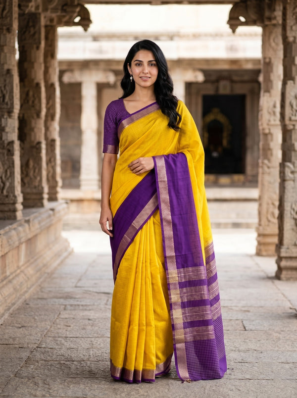 Semi Chanderi Yellow Saree with Contrast Purple Checked Pallu and Zari Border
