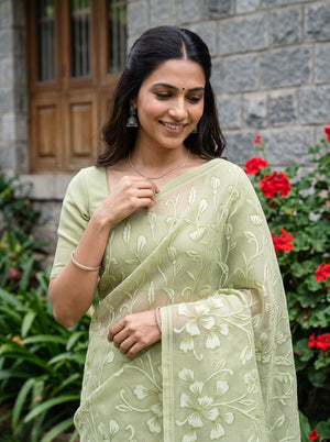 Net Kota Olive Green Self-Tone Floral Vine Saree