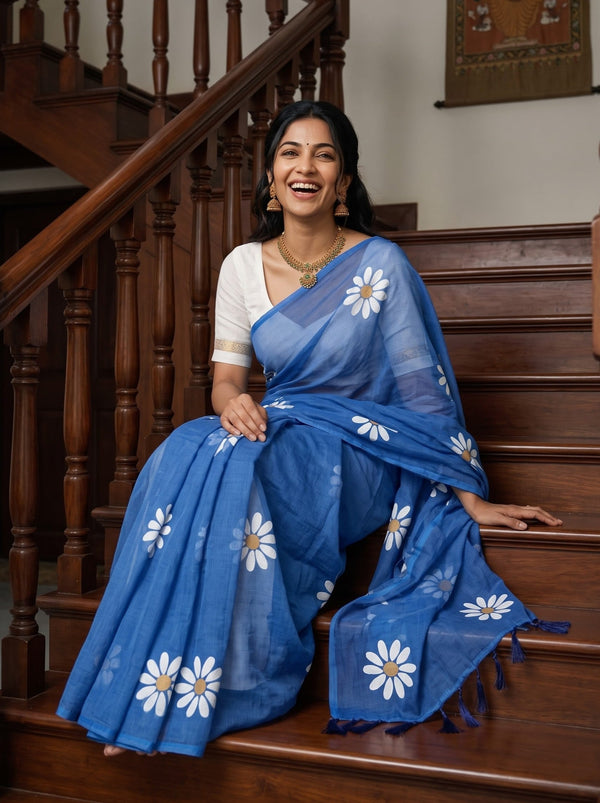 Cotton Blue Saree with White Daisy Flower Print