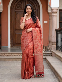 Matka Silk Red Golden Zari Floral Motif Striped Pallu