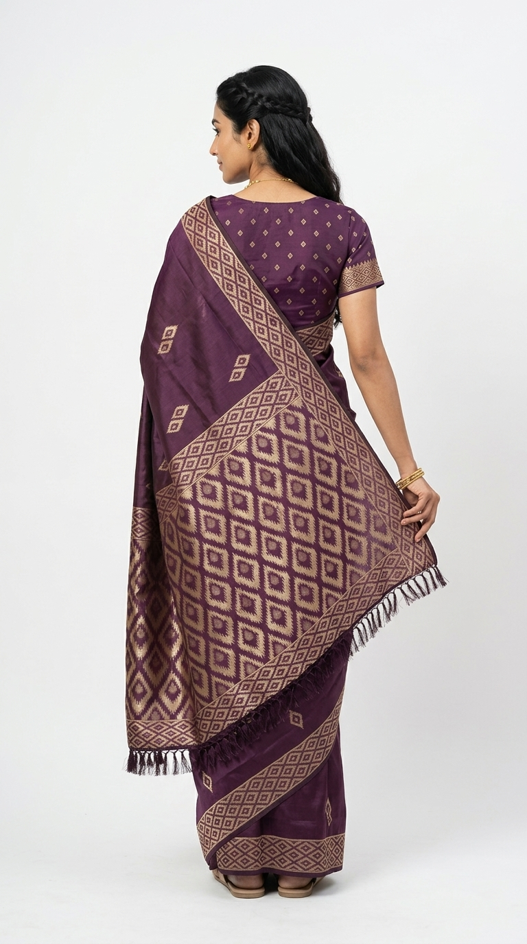 Woman wearing a purple saree with a patterned border against a brown background