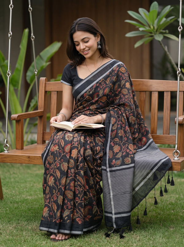Linen Saree in Black with Kalamkari-Style Multicolor Floral Print