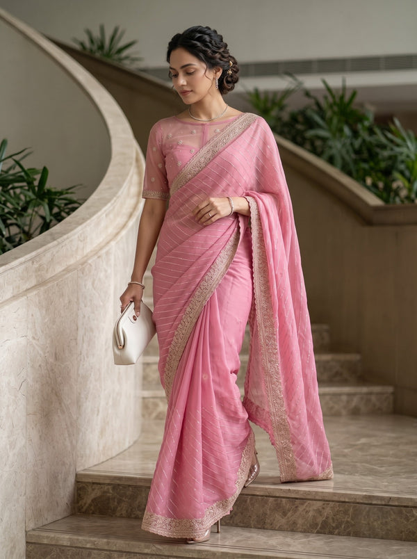 Chiffon Pink Diagonal Golden Stripe Saree