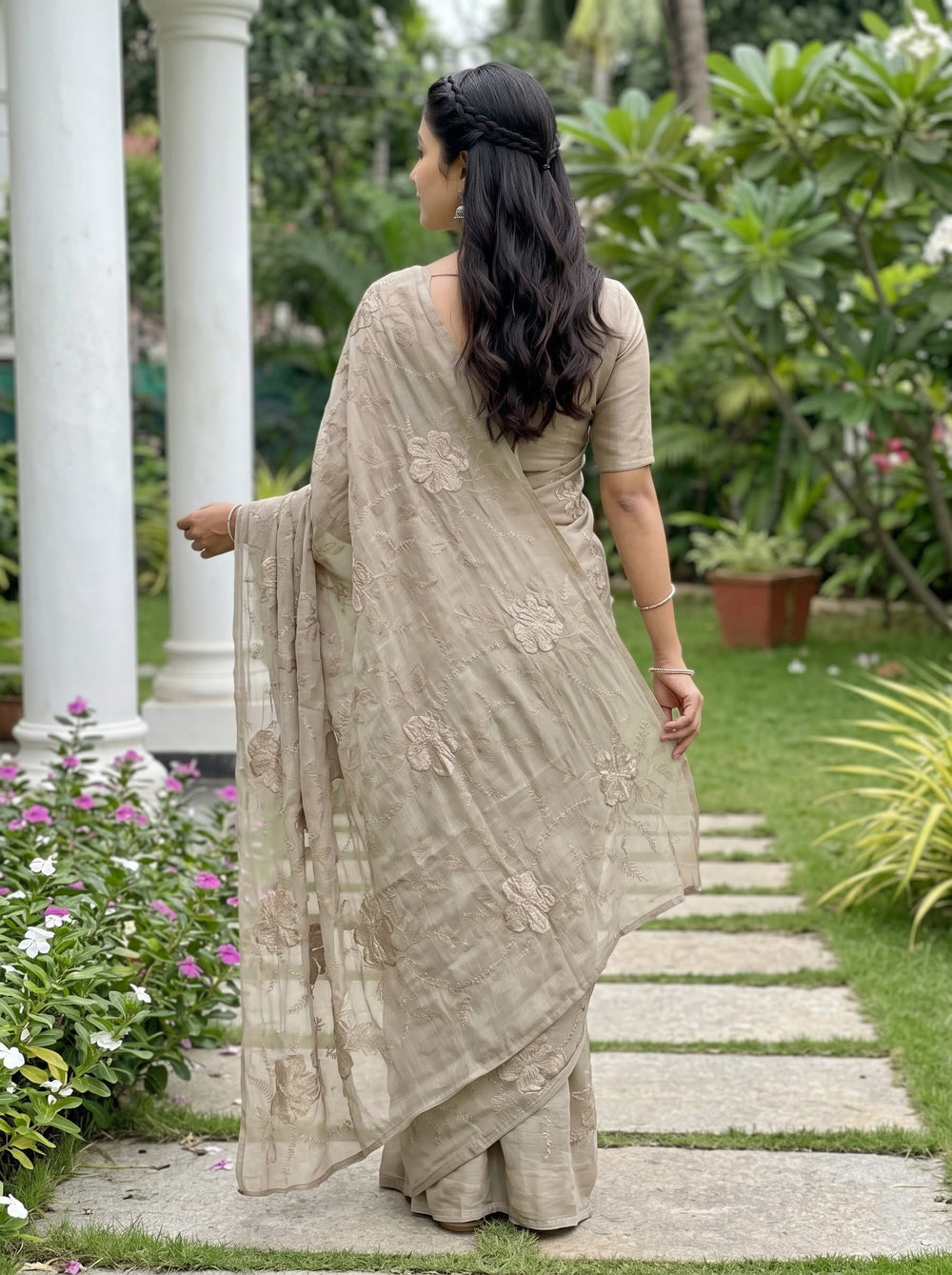 Chiffon Taupe Saree with 3D Floral Applique Embroidery