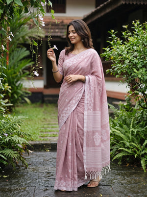 Cotton Dusty Rose Saree with Self-Tone Floral Butta Pallu