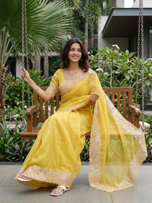 Organza Mustard Yellow Floral Lace Border Scalloped Saree
