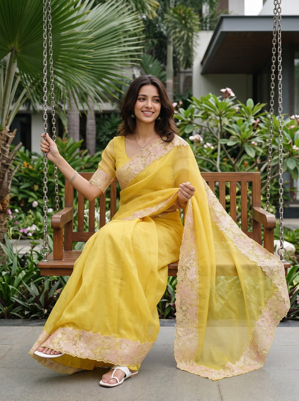 Organza Mustard Yellow Floral Lace Border Scalloped Saree