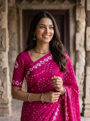 Semi Modal pink Saree with Bandhani Print and Shibori Hem