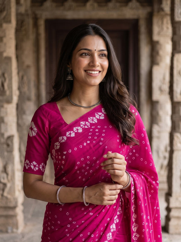 Semi Modal pink Saree with Bandhani Print and Shibori Hem