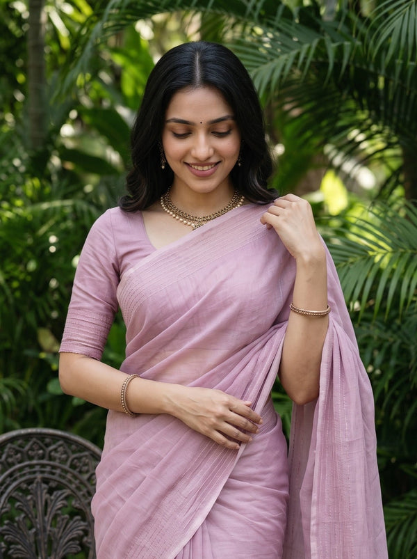 Kota Doria Pink Self-Tone Leaf Motif Saree