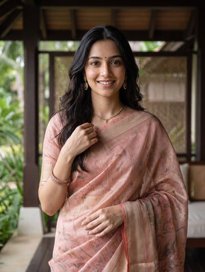 Tissue Saree in Peach with Watercolor Floral Garden Print