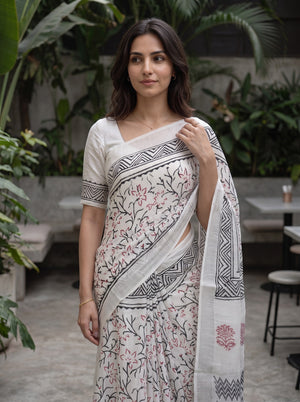 Linen White Block Print Saree with Black Zigzag Border and Red Floral Vines