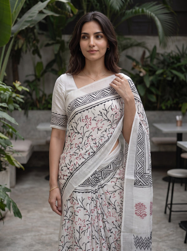 Linen White Block Print Saree with Black Zigzag Border and Red Floral Vines