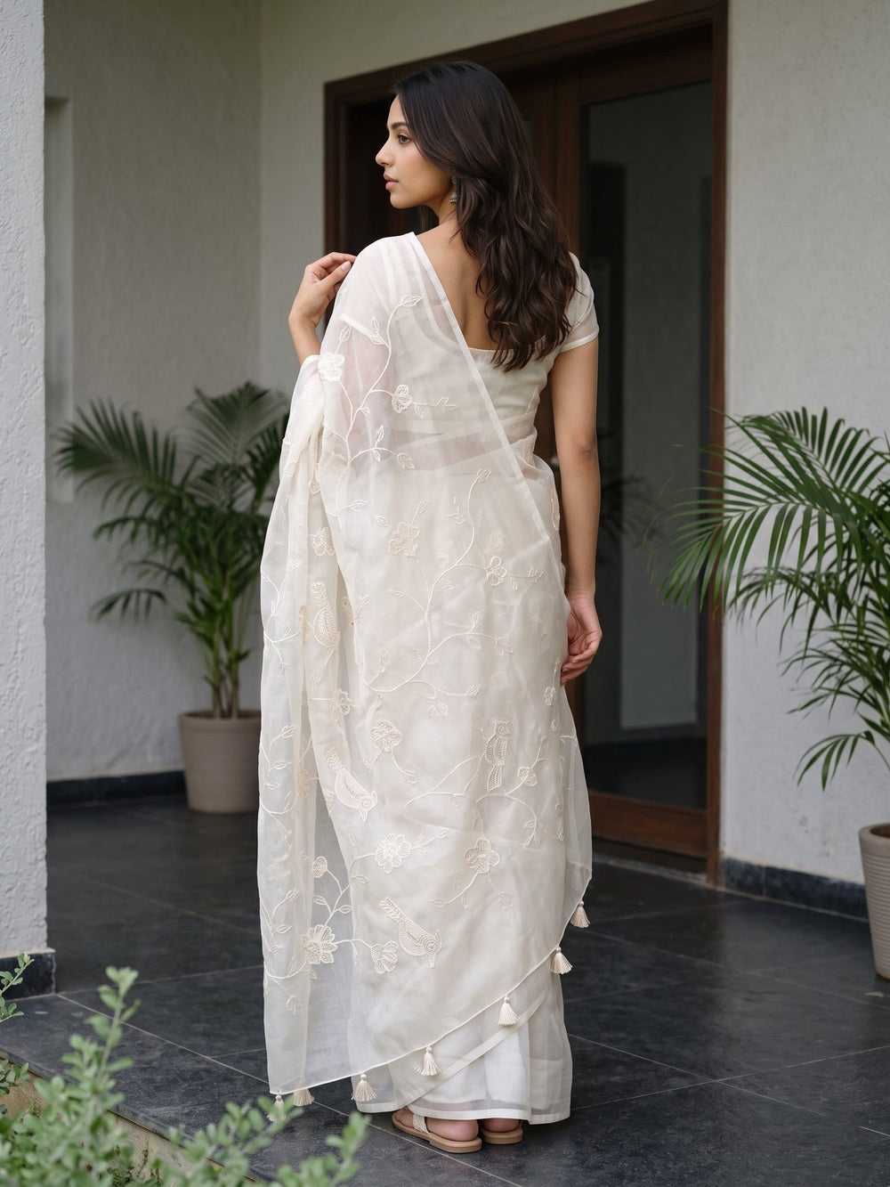 Organza Ivory Bird and Floral Embroidered Saree
