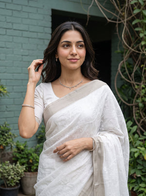 Cotton Off-White Self-Tone Floral Paisley Jacquard Saree with Striped Border