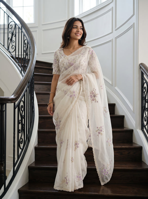 Organza Ivory Lavender Floral Bead Embroidered Saree