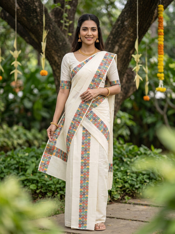 Cotton Cream Retro Geometric Border Onam Special Set Mundu