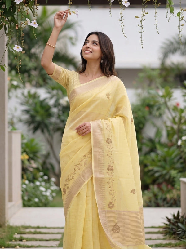 Linen Yellow Saree with Gold Bead Floral Vine Border