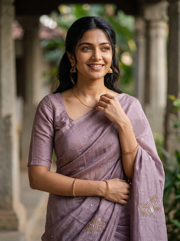 Tusser Silk Mauve Purple Plain Saree