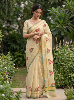 Tissue Cream Kerala Saree with Red Floral Print Pallu and Golden Zari Checks