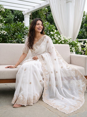 Organza Off-White Self-Tone Floral Rose Embroidered Scalloped Border Saree