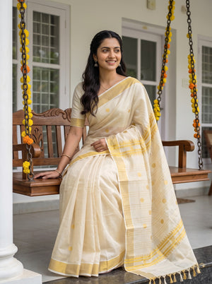 Tissue Cream Golden Polka Dot Zigzag Pallu Onam Kerala Saree