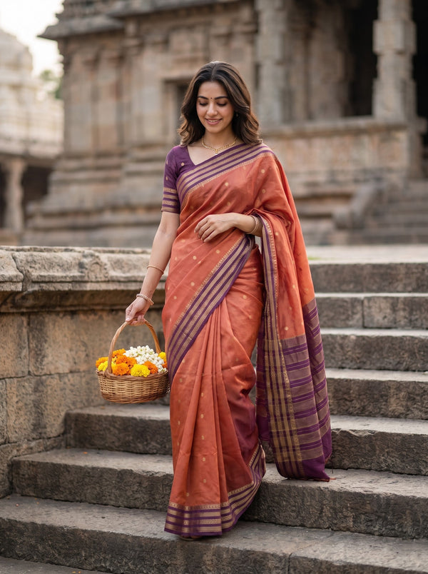 Semi Silk Rust Contrast Purple Zari Border Saree