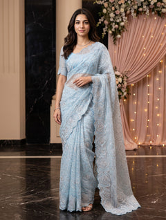Turkish Organza Sky Blue Rose Flower Golden Zari Outline Saree