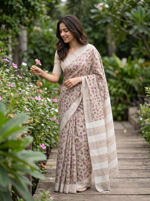 Chanderi Cotton Beige Tribal Bird Print Saree with Striped Pallu