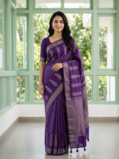 Semi Tussar Silk Purple Silver Zari Feather Motif Saree