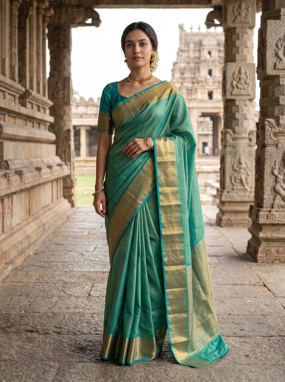 Pure Silk Sea Green Saree with Golden Zari Checks and Rich Zari Border Pallu