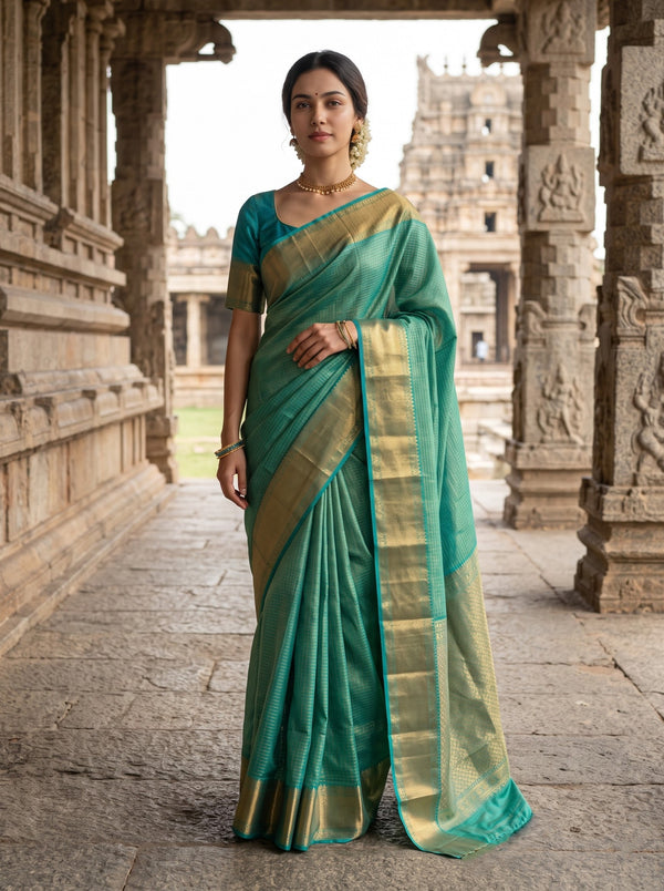 Pure Silk Sea Green Saree with Golden Zari Checks and Rich Zari Border Pallu