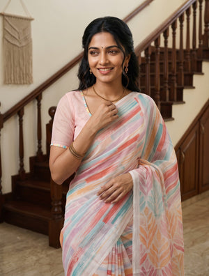 Cotton White Saree with Watercolor Leaf Trellis Print