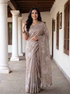 Mul Chanderi Beige Saree with Tulip Floral Print and Tassels
