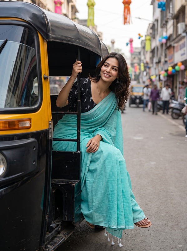 Cotton Mint Green Saree with White Tassels and Black Print