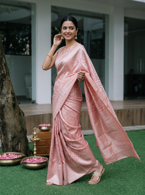 Kanjivaram Tissue Silk Peach Pink Saree with All-Over Floral Jaal Weave & Wide Border