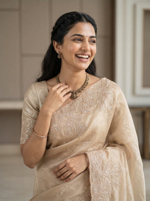 Organza Beige Golden Sequin Leaf Border Saree