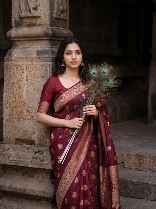 Banarasi Saree in Maroon with Golden Floral Arch Pallu Design