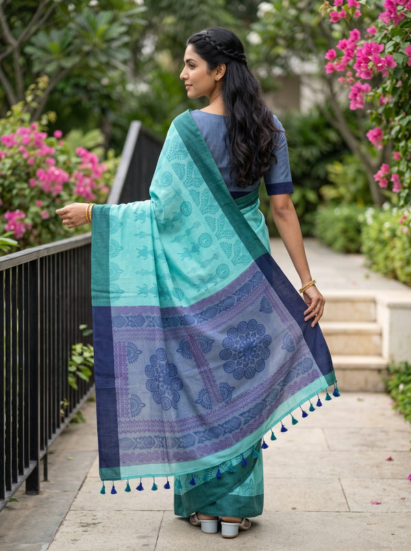 Cotton Mint Turquoise Saree with Lavender Medallion Print Pallu