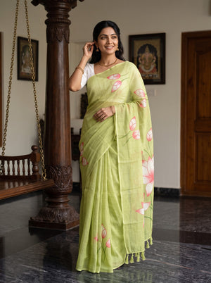 Cotton Lime Green Saree with Watercolor Lotus Flower Print