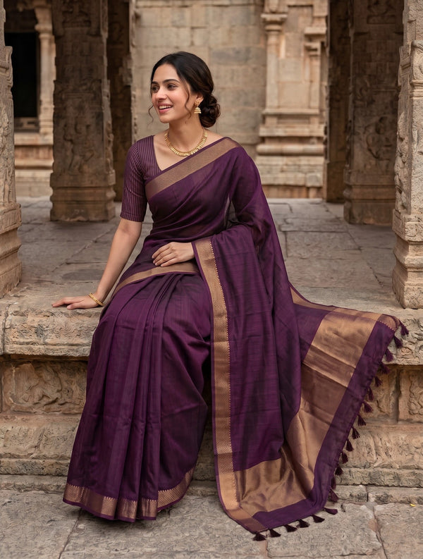 Matka Silk Aubergine Purple Zari Border Saree