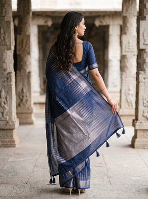 Matka Silk Navy Blue Zari Border Ikat Saree