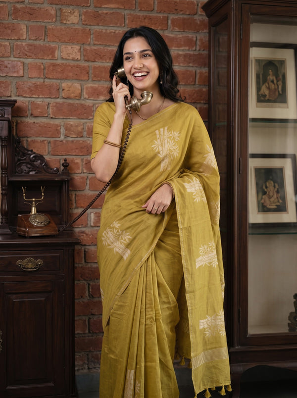 Organza Mustard Saree with Self-Tone Leaf Branch Print