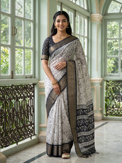 Chanderi White Saree with Black Floral Print, Contrast Border