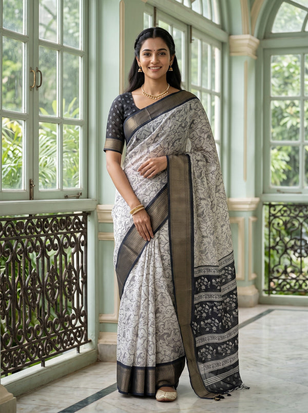 Chanderi White Saree with Black Floral Print, Contrast Border