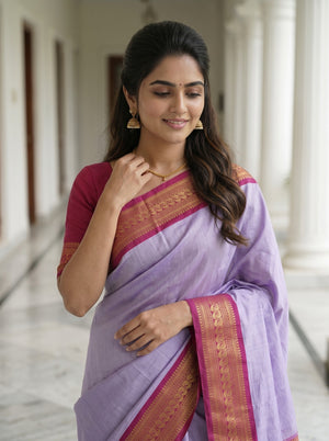 Semi Silk Lavender Golden Pinstripe Saree with Pink Zari Border