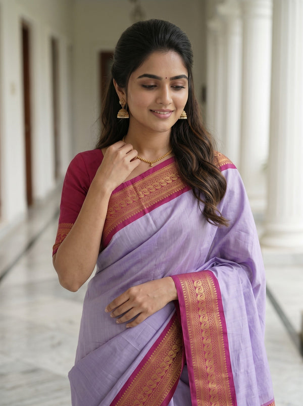 Semi Silk Lavender Golden Pinstripe Saree with Pink Zari Border