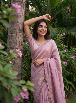 Banarasi Mauve Scalloped Border Leaf Embroidery Saree
