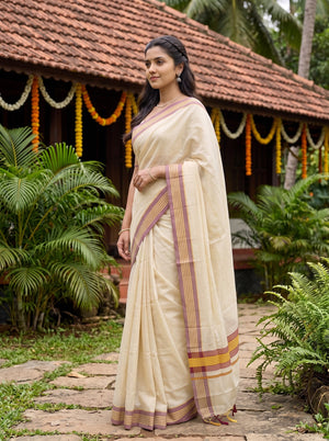 Tissue Cream Golden Striped Border Onam Special Kerala Saree with Tassels